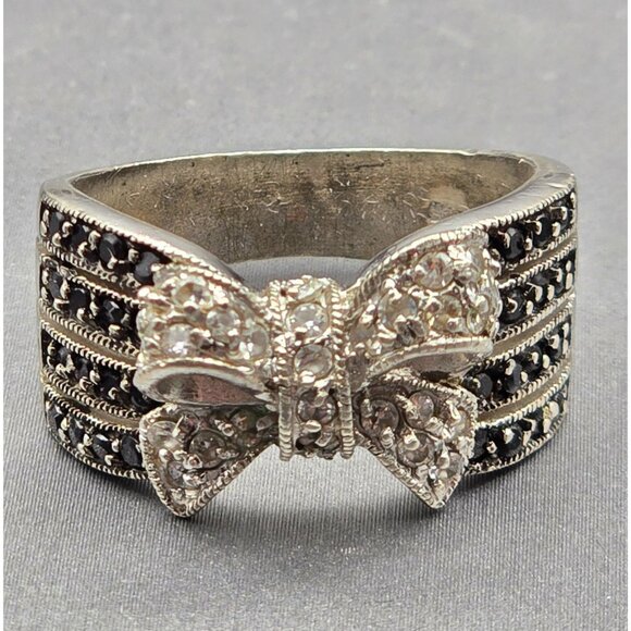 VTG Sterling Silver Marcasite & Clear Gemstone Bow Ring Size 9 Wide Band 8.03g - Picture 1 of 9